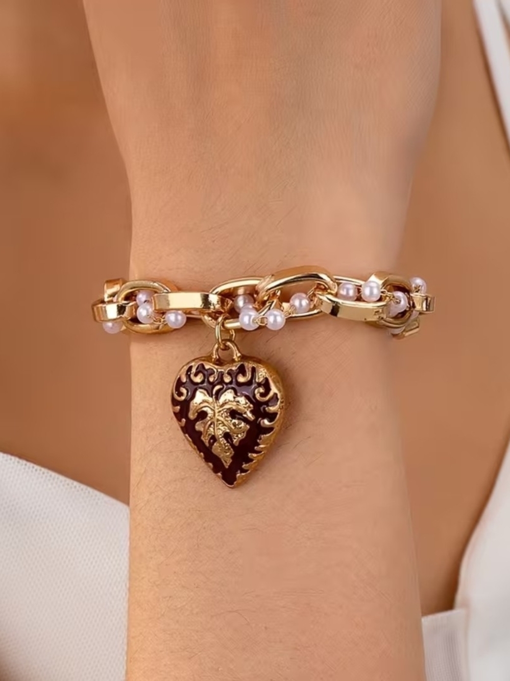 Gold Heart Charm Pearl Chain Bracelet